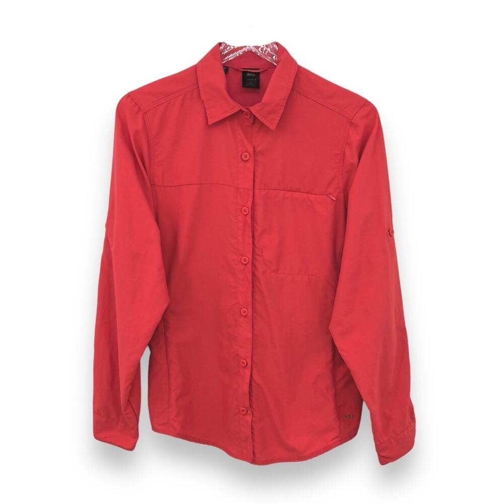 REI coral tab sleeve vented outdoor active button down zipper pockets shirt M